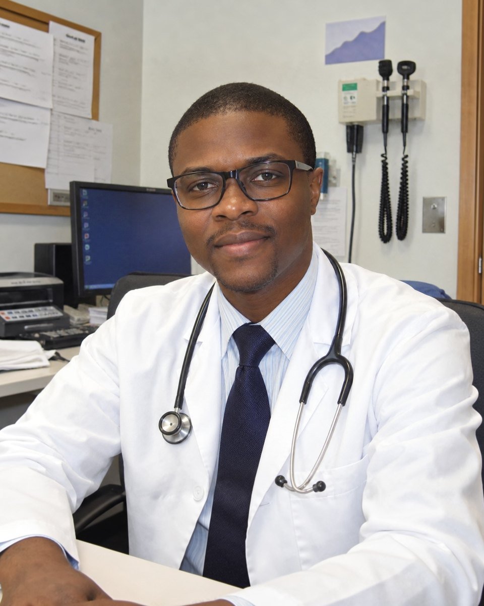 Alamou Sanoussi in a white coat with a stethoscope in a clinic office