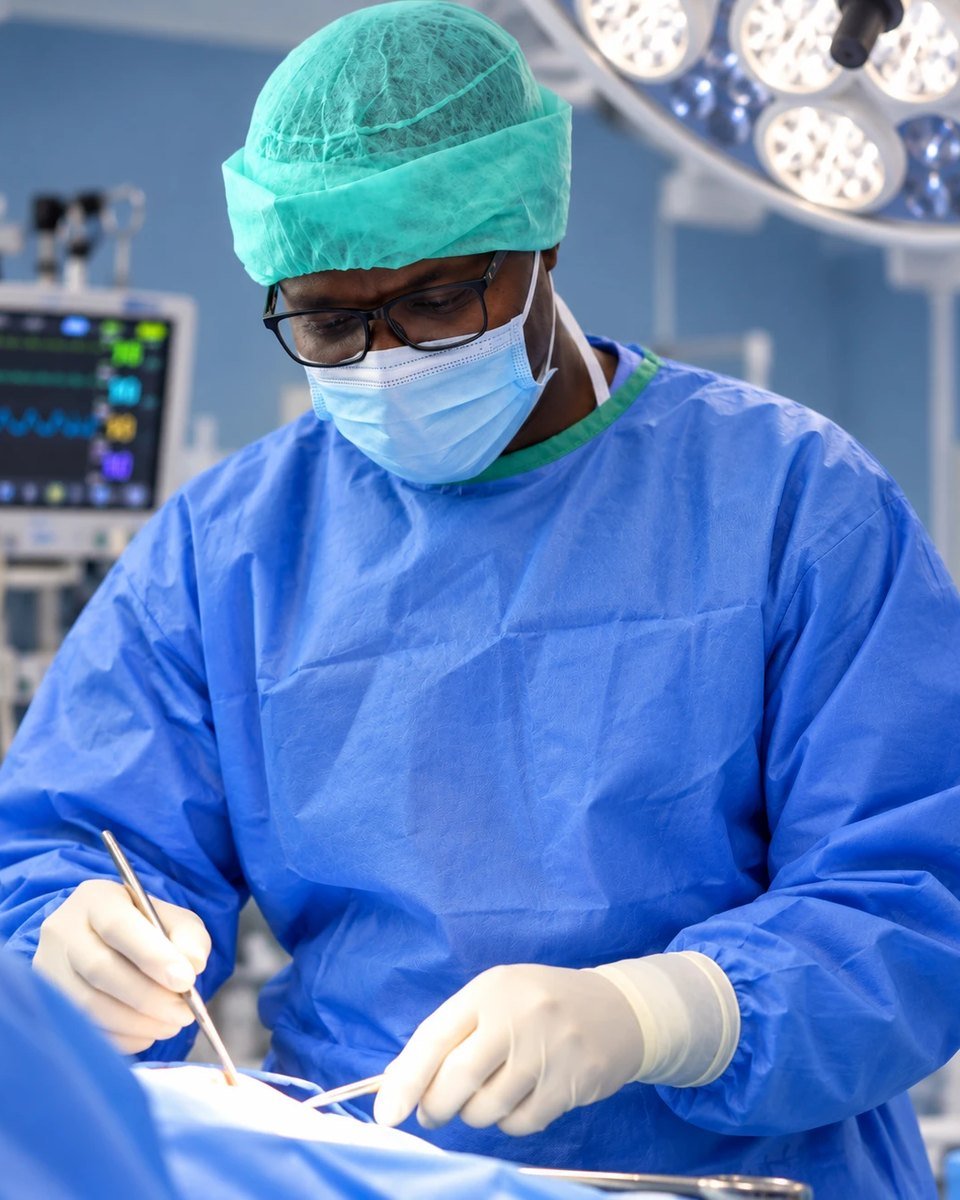 Alamou Sanoussi in a surgical gown and cap, operating in an operating room